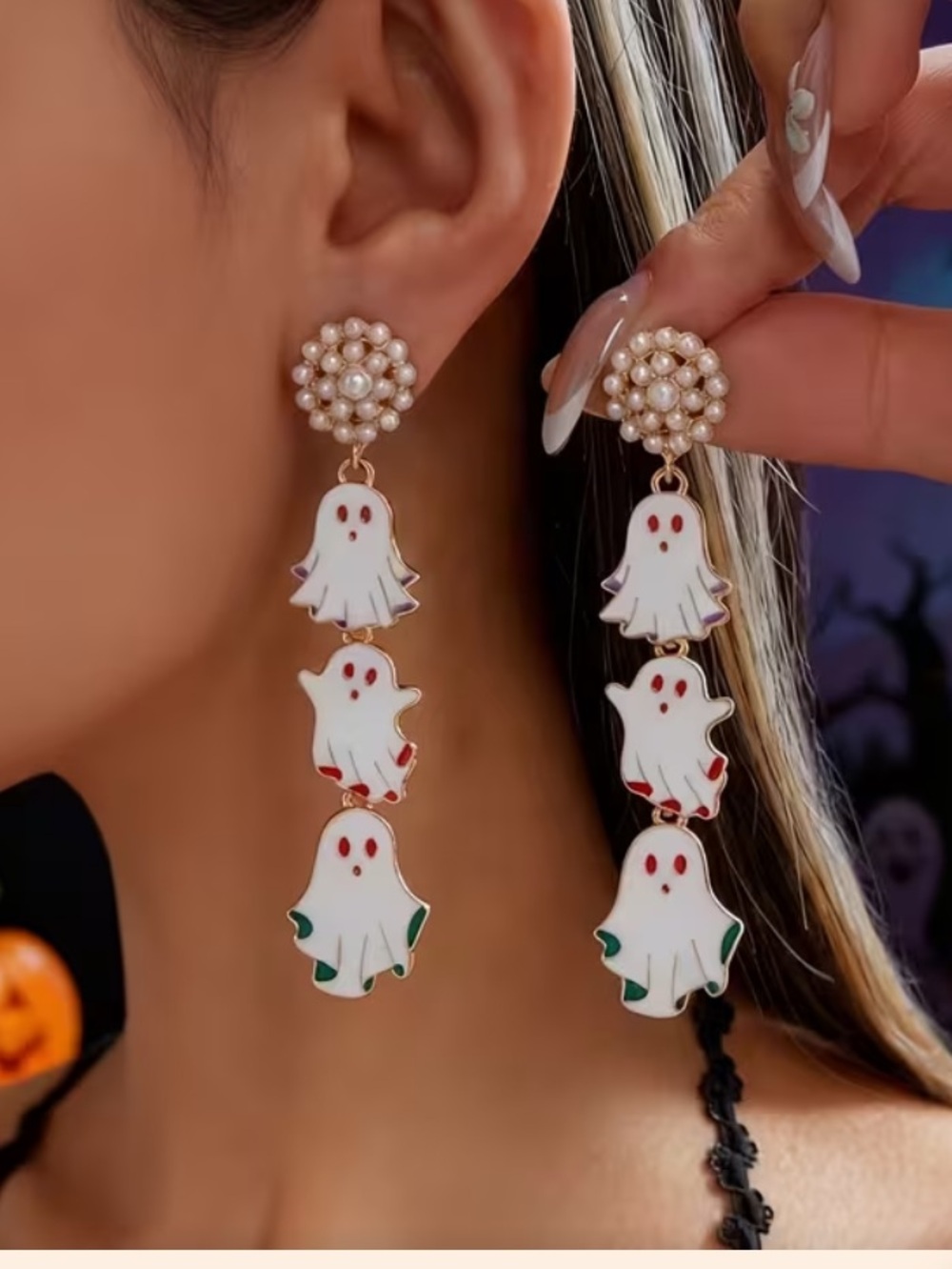 Halloween Ghost Dangle Pierced Enamel Earrings with Pearl Studs